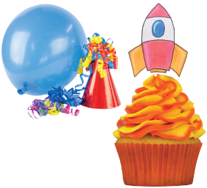 A balloon, party hat, and cupcake with a spaceship on top