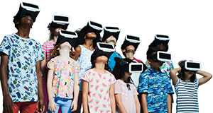 a crowd of people looking up while using VR headsets