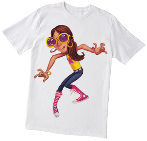 White t-shirt with an illustration of a teen star on it