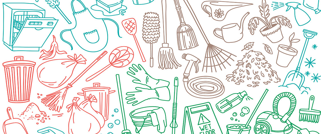 Illustrations of household objects like brooms, gloves, trash can, and an apron