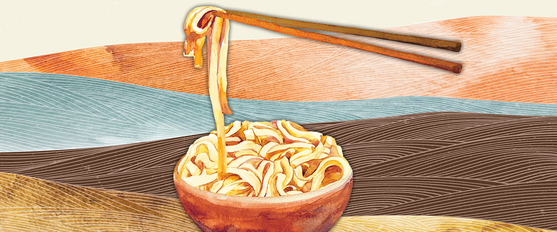 Colorful illustration of brown chopsticks hovering over a bowl of noodles as it holds some