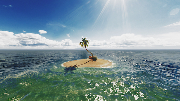A small island with a single palm tree on it in the middle of the ocean