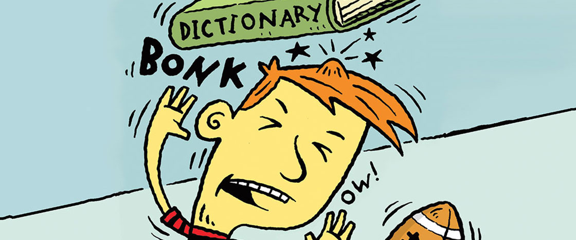 Illustration of Word Nerd getting hit on the head by a dictionary