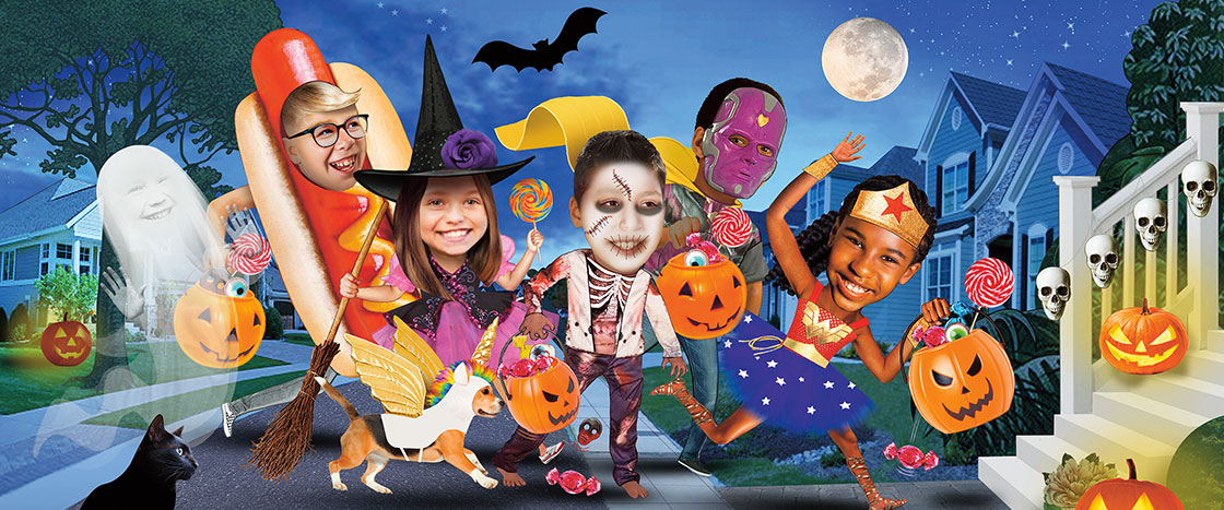 Illustration of children in costumes trick-or-treating