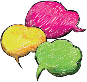 Three speech bubbles of different colors