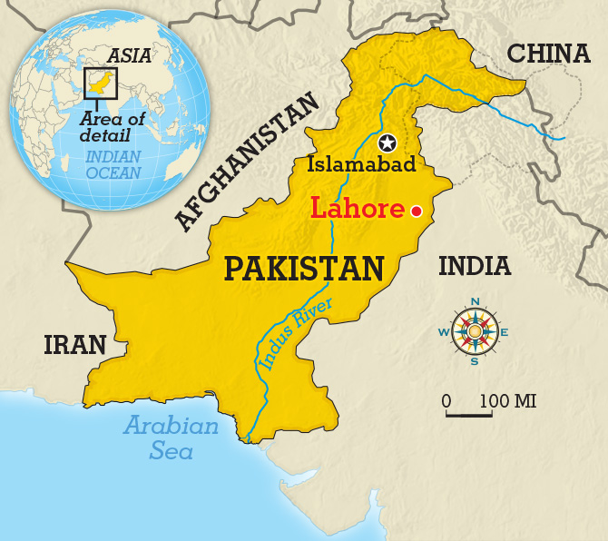 Image of map highlighting Pakistan and its city, Lahore