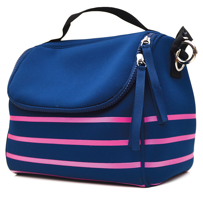 image of a blue bag with pink stripes