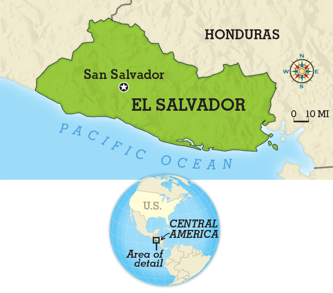 Map highlighting El Salvador and its capital San Salvador