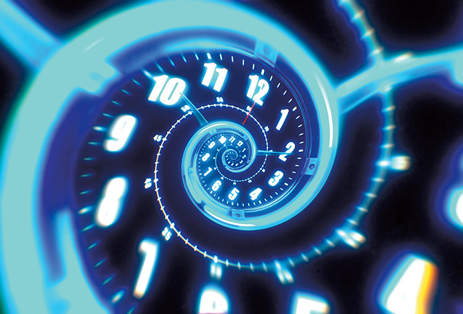 Image of a time warp with a spiraling clock