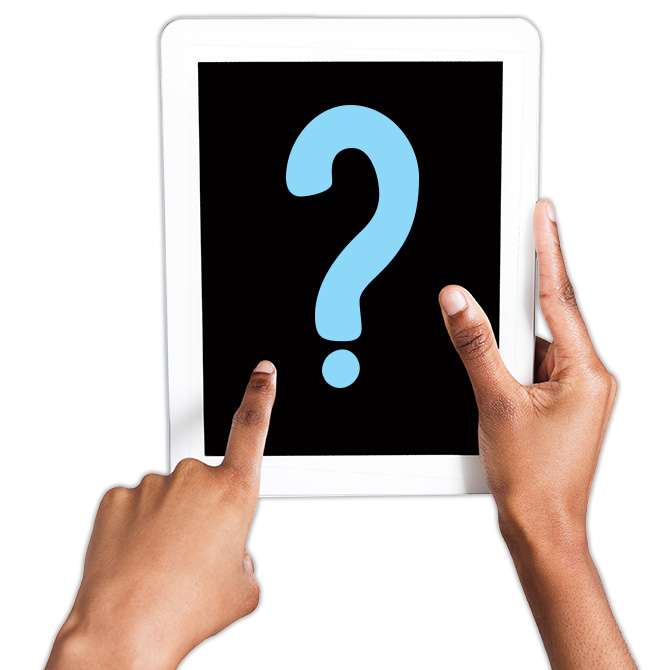 Image of hands holding a tablet with question mark on it