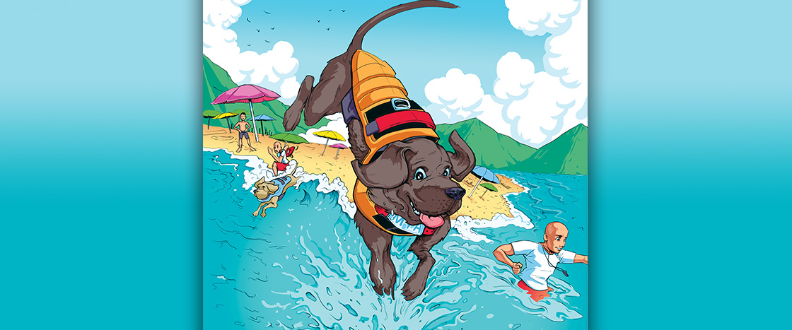 Comic of lifeguard dogs swimming in the sea