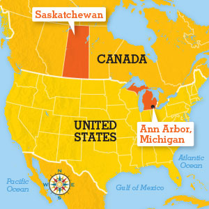 Map of North America, highlighting Saskatchewan tribe location and Ann Arbor, MI