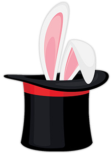 Illustration of rabbit ears poking out of a top hat