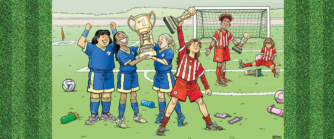 Illustration of two soccer teams and each team has a trophy