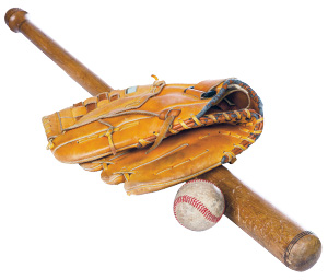 Image of a baseball, glove, and bat