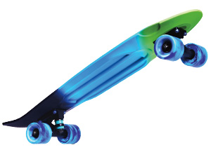 Image of a black, blue, and green skateboard