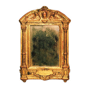 A smudged and darkened painting in an elaborate gold frame