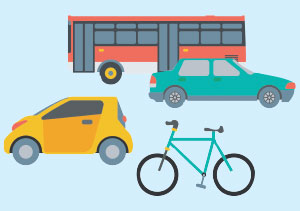 two cars, a bicycle, and a bus